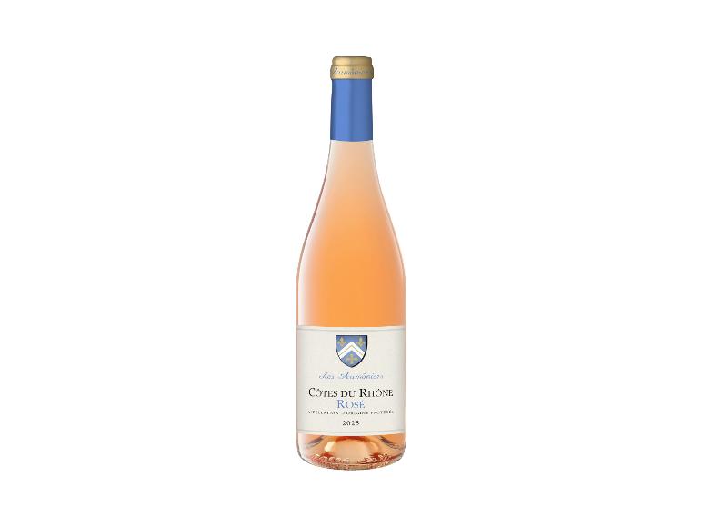 Rosé Côtes du Rhône Weinflasche mit weißem Etikett und blau-goldenem Verschluss.