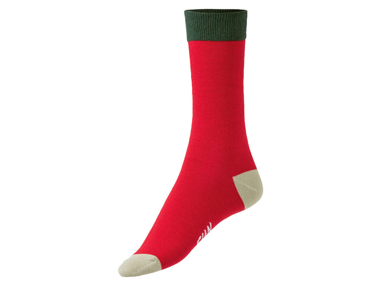 Rote Socke mit grünem Bund und beigefarbenen Details.