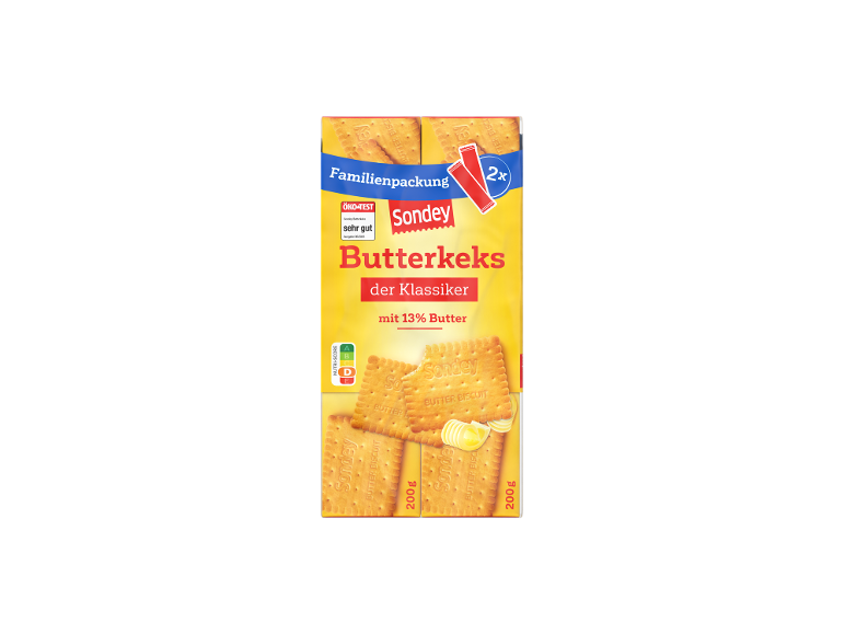 Familienpackung Butterkekse mit 13% Butter, als „sehr gut“ bewertet.