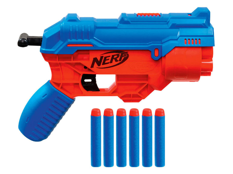 Eine Nerf-Pistole mit blauen und roten Details und blauen Darts.