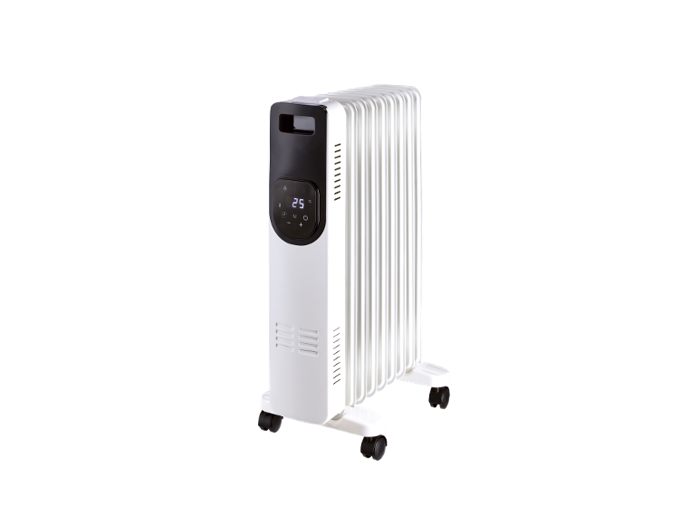 Weißer Ölradiator mit Digitalanzeige '25 °C' und Bedienelementen