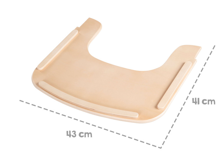 Ein Holztablett für Babys mit den Maßen 41 cm x 43 cm.