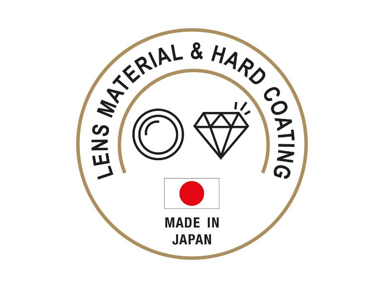 Logo mit Text „LENS MATERIAL & HARD COATING“ und „MADE IN JAPAN“, mit Linsen- und Diamant-Symbol.