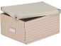 Aufbewahrungsbox mit rosa und beigen Streifen, mit beigem Deckel und Metallecken.