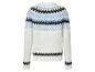 Ein weißer Pullover mit blauem und schwarzem skandinavischem Muster.