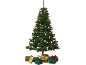 Künstlicher Weihnachtsbaum mit Geschenken in Gold-, Grün- und Rotpapier verpackt.