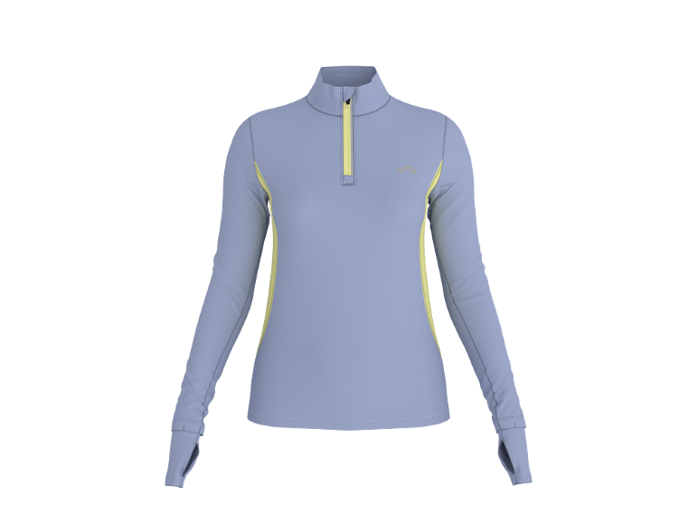 Damen-Sport-Langarmshirt, lila mit gelben Details und Reißverschluss.