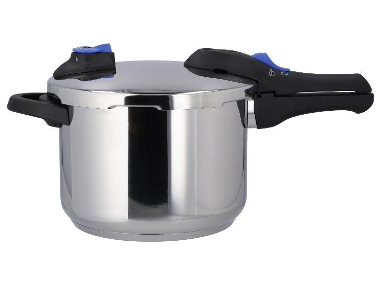 Ein Edelstahlschnellkochtopf mit schwarzen Griffen und blauen Akzenten.