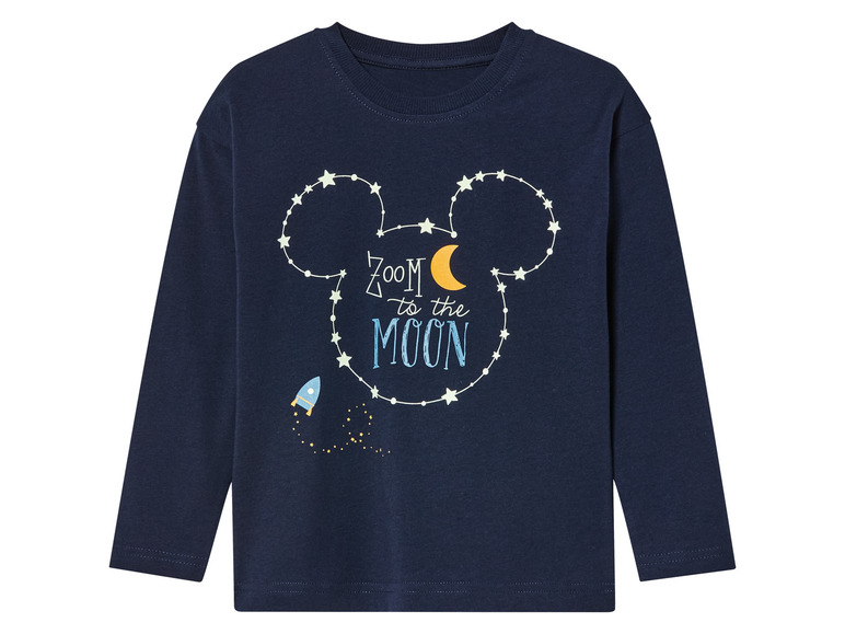 Ein dunkelblaues Langarmshirt mit Mickey Mouse-Motiv und dem Schriftzug 'Zoom to the Moon'.