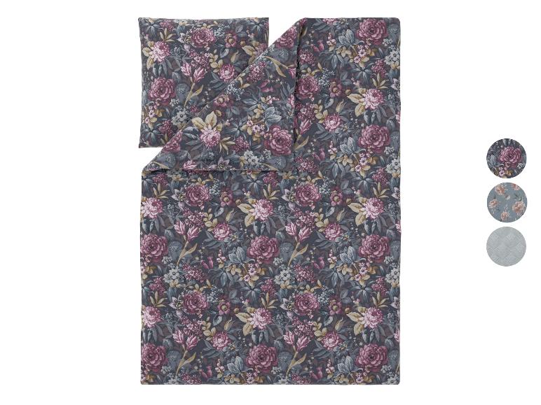 Bettwäsche-Set mit dunklem Blumenmuster und Farbmustern.