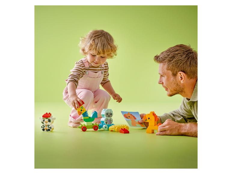 Kind und Erwachsener spielen mit bunten Bausteinen auf grünem Hintergrund.