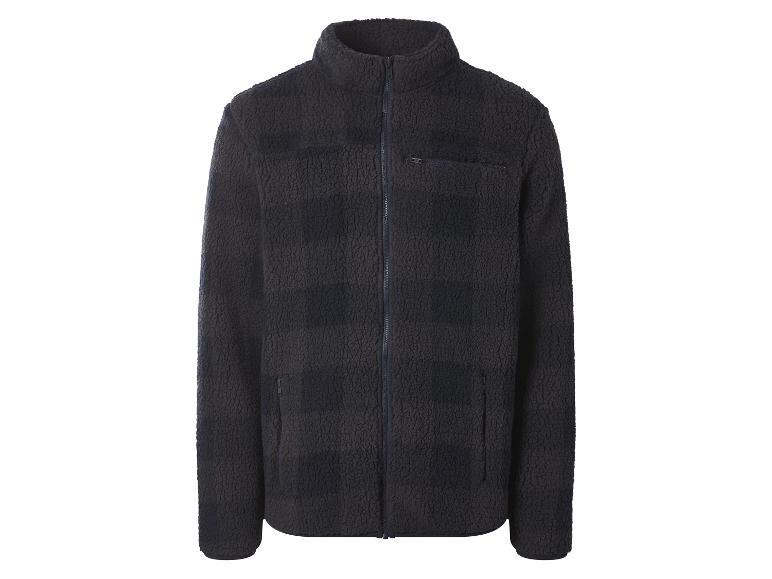 Dunkelblaue Fleecejacke mit Reißverschluss und Taschen.