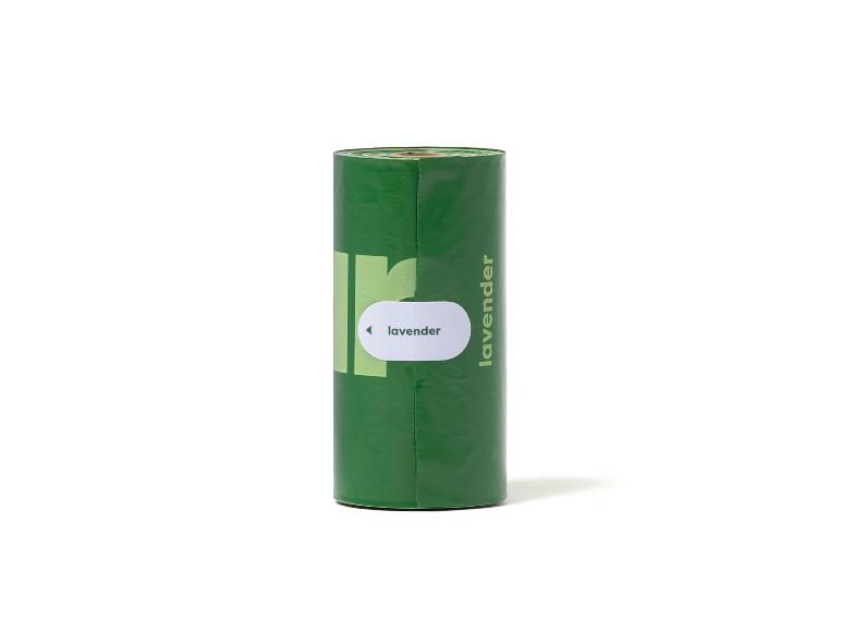 Grüne Rolle Müllbeutel mit „lavender“-Etikett.