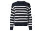 Marineblau-weiß gestreifter Pullover mit goldenen Knöpfen an der Schulter