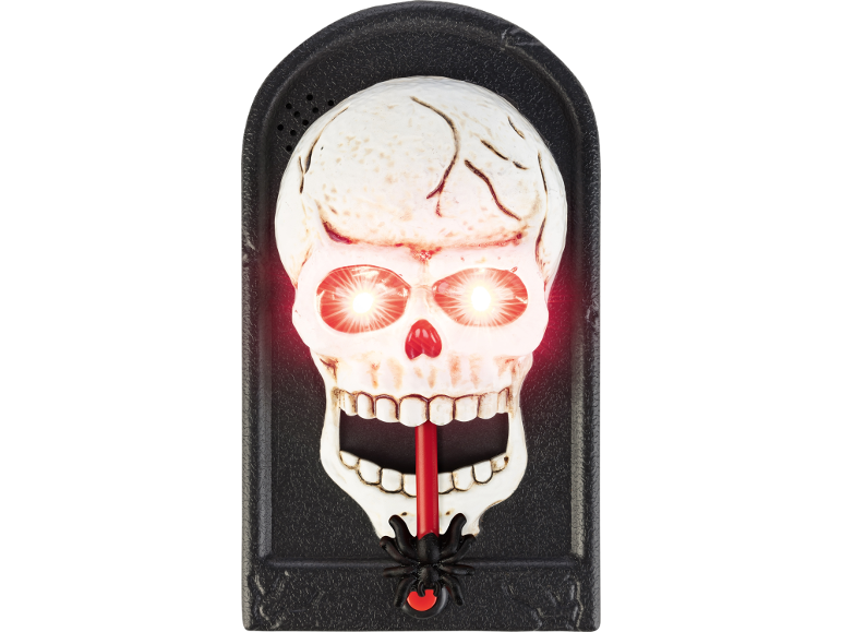 Halloween-Totenkopf-Türklingel mit leuchtenden roten Augen und Spinne am Knopf