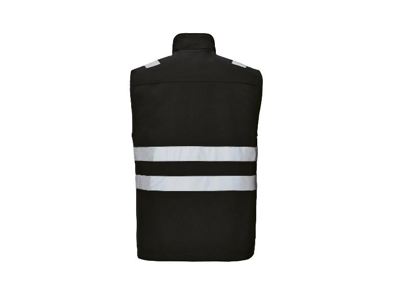 Schwarze Arbeitsweste mit reflektierenden Streifen, Rückansicht.