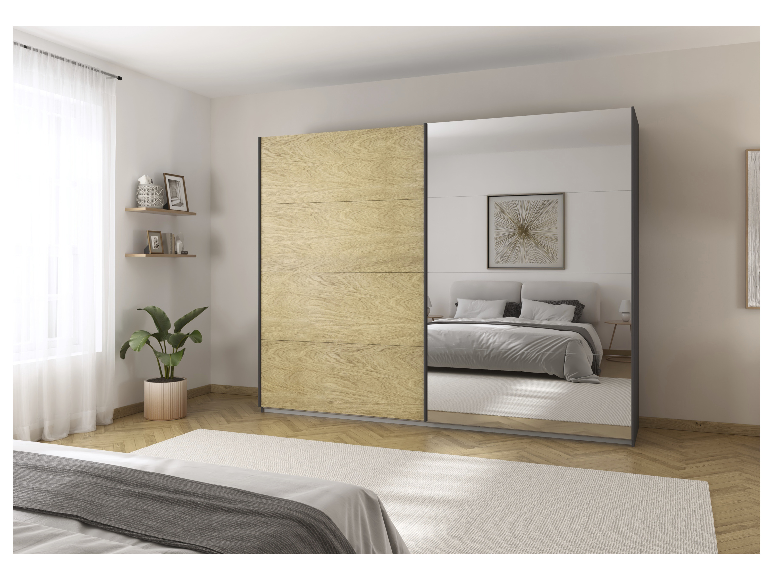RAUCH ORANGE Malva-Extra Schwebetürenschrank (mit Spiegel, Eiche Furnier/Graumetallic, Breite 271 cm / Höhe 210 cm) – Bild 2 von 4