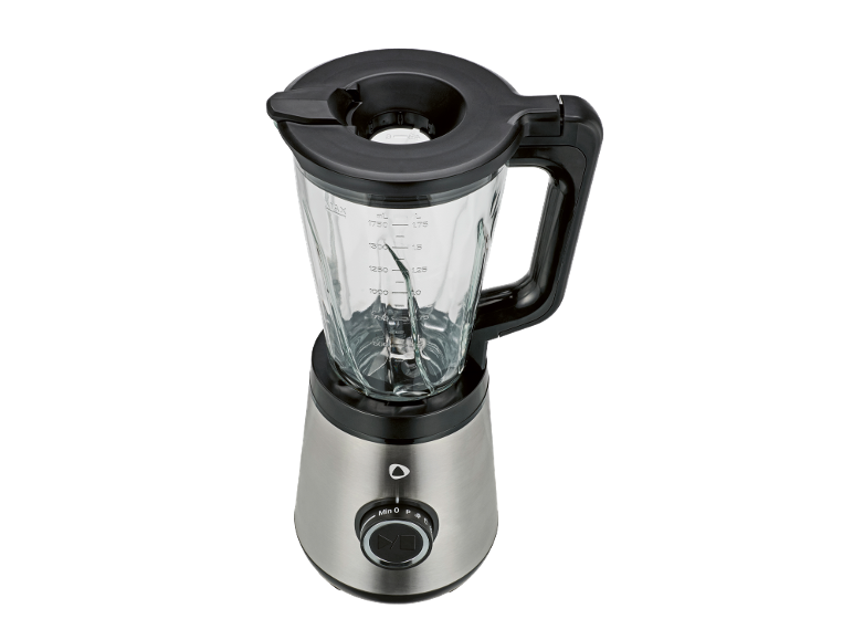 Edelstahlmixer mit Glaskrug, schwarzem Deckel und Drehregler.