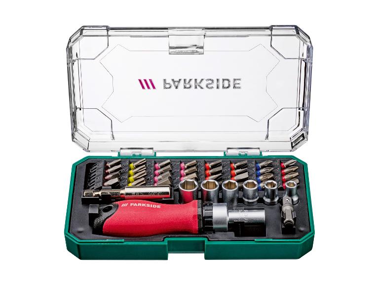 Parkside Werkzeugset: Schraubendreher, Steckschlüssel und Bits in einer Aufbewahrungsbox.