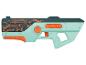 Cyberpunk-Spielzeugblaster mit orangefarbenen und türkisfarbenen Details.