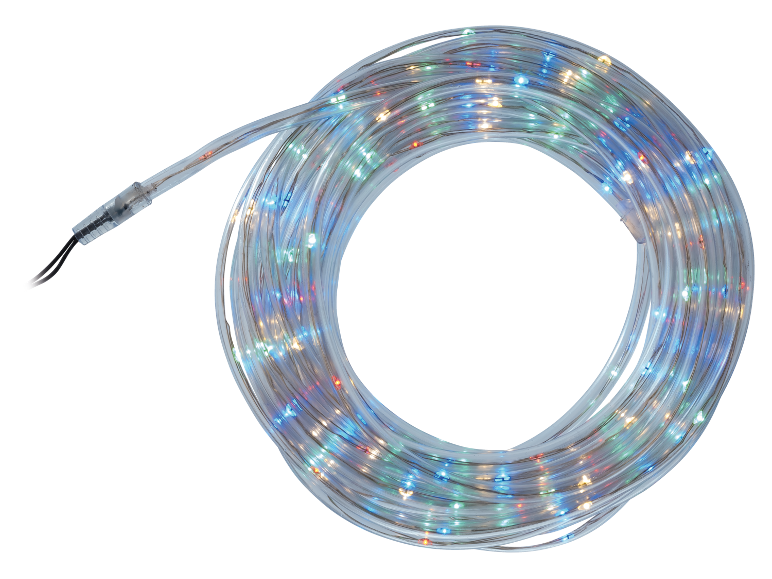 Mehrfarbige LED-Lichterkette in transparentem Schlauch, kreisförmig auf schwarzem Hintergrund.