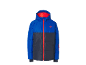 Zweifarbige Skijacke in Blau und Dunkelgrau mit Reißverschluss und leuchtend rotem Futter.