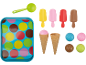 Spielzeug-Eis-Set mit Tablett, Eistüten, Eiskugeln, Eis am Stiel und Schaufel.