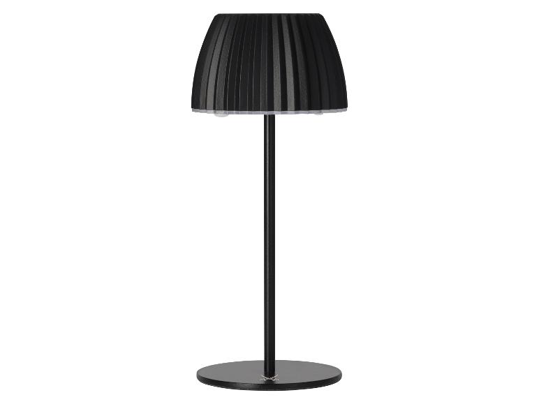 Schwarze Tischlampe mit plissiertem Schirm und rundem Fuß.