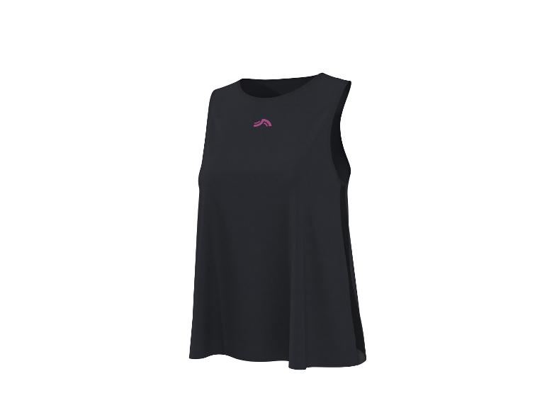 Schwarzes ärmelloses Oberteil mit kleinem rosa Logo auf der Brust.