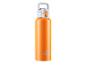 Orangefarbene Crivit Trinkflasche mit grauem Deckel und Griff