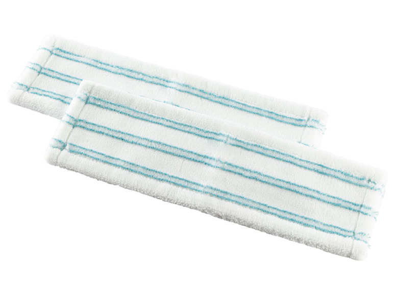 Zwei Mikrofaser-Moppbezüge mit blauen Streifen.