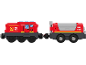 Roter Spielzeug-Feuerwehrzug mit zwei Waggons, mit 'FIRE DEPT' Schriftzug und Flammenemblem.