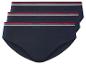 Drei dunkelblaue Damen-Slips mit farbigen Streifen.
