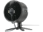 Dunkelgrauer Tischventilator mit Stativfuß, spiralförmigen Flügeln und LED-Leuchten.