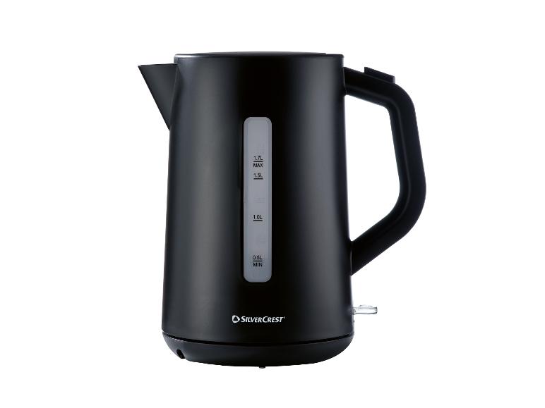 Schwarzer SilverCrest 1.7L Wasserkocher mit Wasserstandsanzeige.