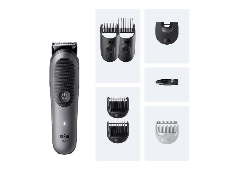 Haar- und Bartschneider mit verschiedenen Aufsätzen und Kämmen für Körper und Details.