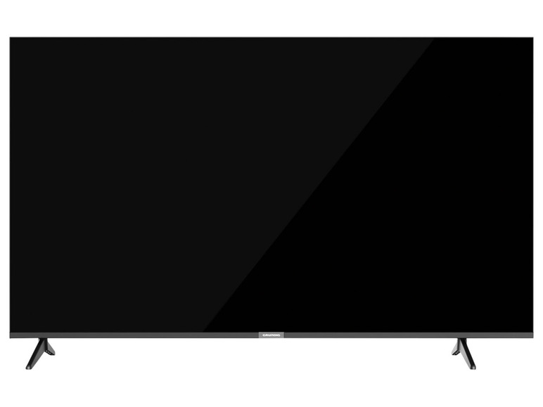 Ein schwarzer Bildschirm eines Grundig-Fernsehers.