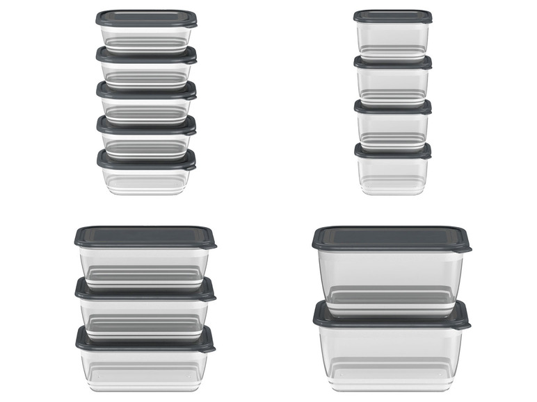 Ein Satz mit vier stapelbaren Glasbehältern mit Deckeln.