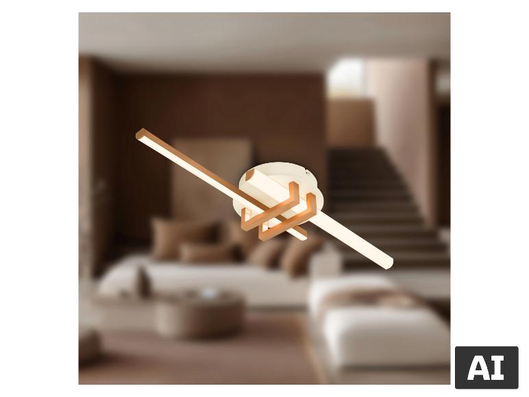 Deckenleuchte mit zwei Lichtbalken und Holzdetails, die ein modernes Wohnzimmer beleuchtet.