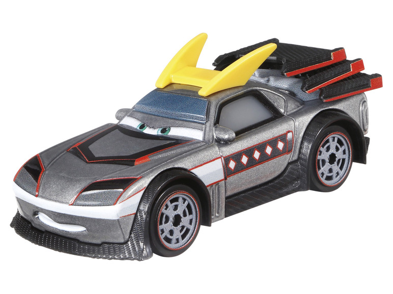 Ein grauer Rennwagen mit gelben Flügeln im Cars-Design.