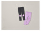 Zwei Paar Kinderleggings, ein graues Paar mit rosa Sternen und ein violettes Paar.