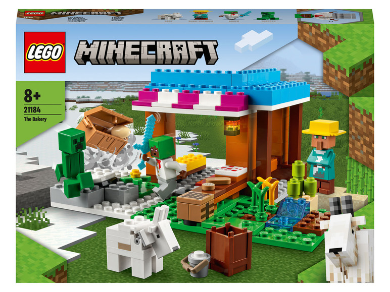 LEGO Minecraft Set mit einer Bäckerei, einem Creeper, einem Bauern und Ziegen.