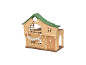 Spielzeughaus aus Holz mit grünem Dach, Balkonen und Hängematte.