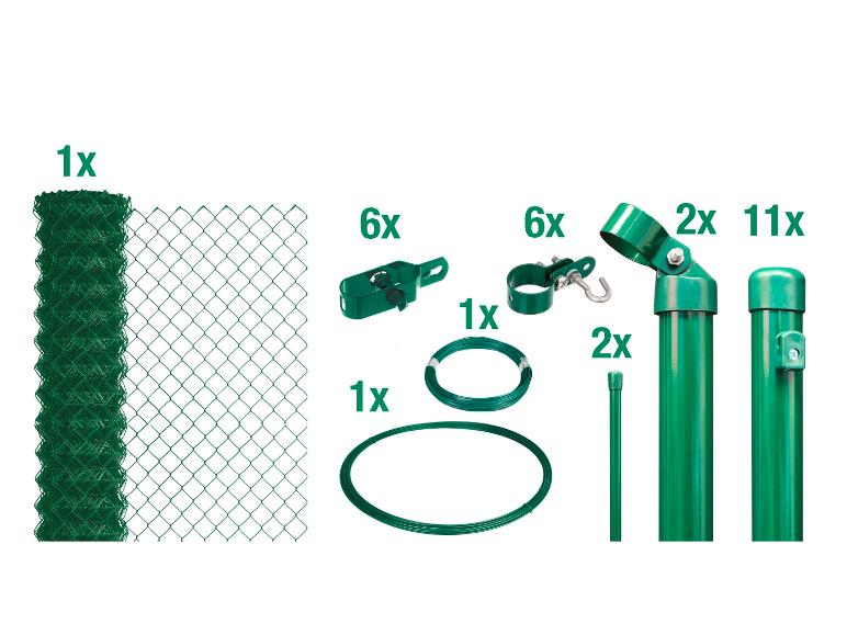 Zaun-Set: Drahtgeflecht, Pfosten, Klemmen und Spanner.