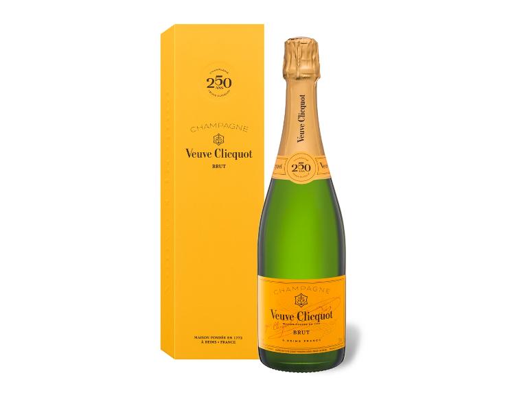 Flasche Veuve Clicquot Brut Champagner und ihre gelbe Geschenkbox, zum 250-jährigen Jubiläum.