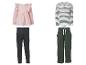 Kinderkleidungssets: rosafarbenes Rüschenoberteil mit grauen Leggings, gestreiftes Oberteil mit grüner Hose.