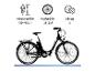 Schwarzes E-Bike mit Spezifikationen: Körpergröße 155-185cm, Radgröße 28 Zoll, 3 Gänge.