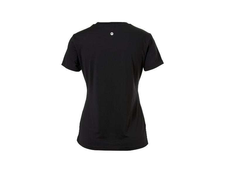 Schwarzes Damen-T-Shirt mit kurzen Ärmeln und kleinem weißem Logo auf dem Rücken