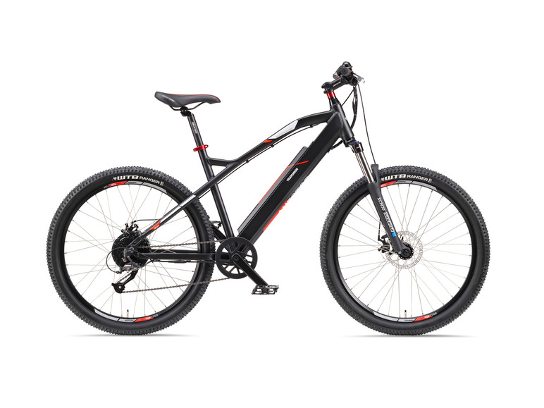 Ein schwarzes Telefunken E-Mountainbike mit WTB Ranger Reifen.