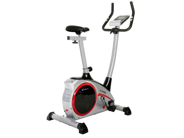 Ein silberner Heimtrainer mit schwarzem Sattel und Lenker.